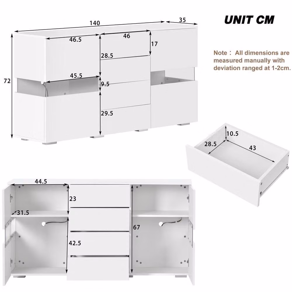 STILVORA Modern White Glossy TV Unit with Integrated LED Lights and Media Compartments, Width: 140 cm – 4