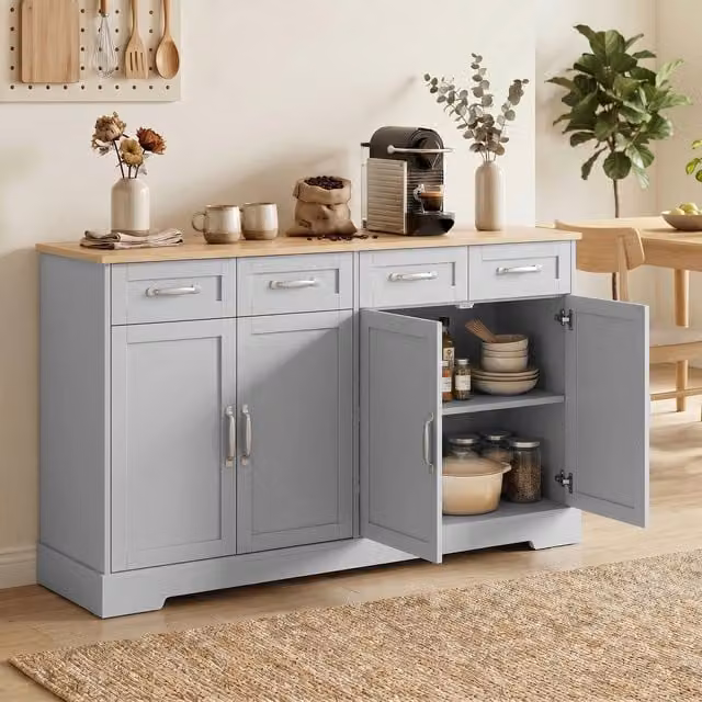 HOMCOM Grey Modern Sideboard with 4 Drawers, 4 Doors and 2 Adjustable Shelves