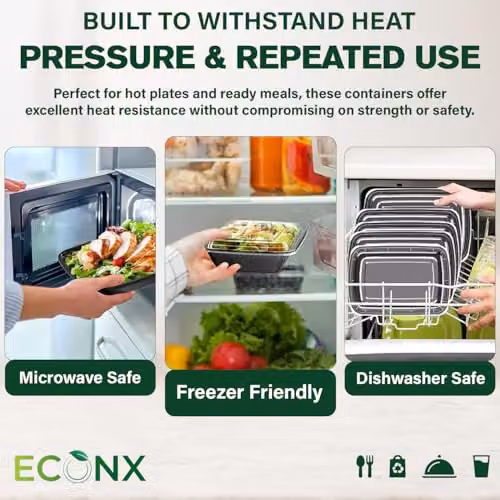 ECONX 20 Pack Black Plastic Meal Prep Food Containers with Airtight Lids, 32oz Capacity, 1 Compartment, Microwave and Dishwasher Safe – 4