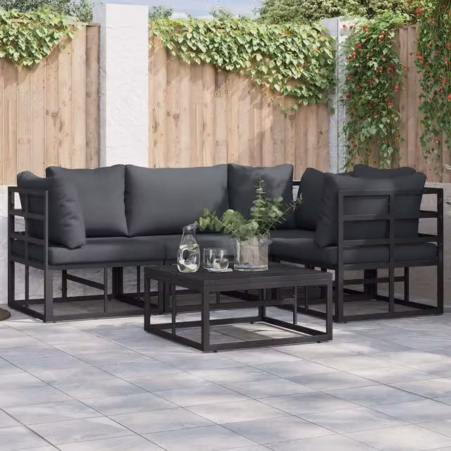 Berkfield Home 4 Piece L-Shape Garden Sofa Set with Cushions and Pillows in Black Powder Coated Aluminium – 1