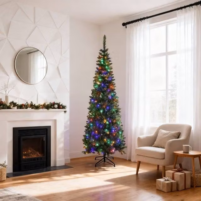 Shatchi Pre-Lit Artificial Slim Green Pencil Christmas Tree with Multicolour LED Lights and Metal Stand, Height: 152.4 cm