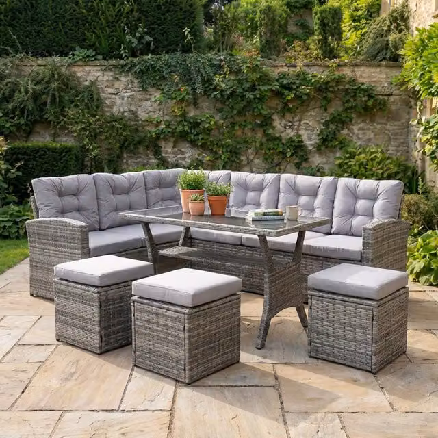 New Jersey 9 Seater Grey Polyrattan L-Shape Sofa Set with Cushions, Ottoman and Coffee Table