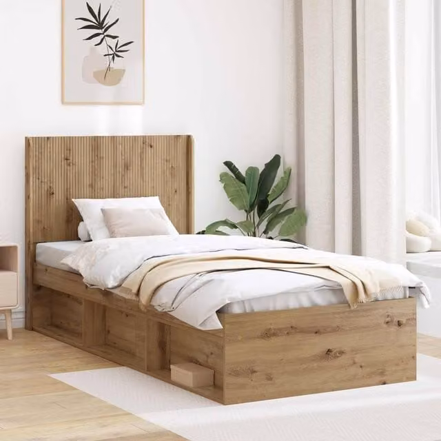 Berkfield Home Artisan Oak Bed Frame with Headboard and Side Compartment Storage, Brown, W: 75 cm x L: 190 cm