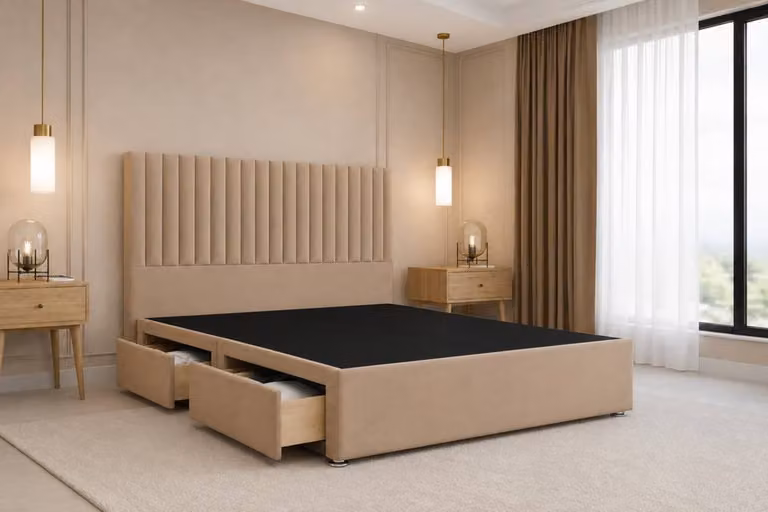 Chester & Oakley Lorenzo Plush Divan Bed Base with 2 Drawers and 54 inch Headboard in Sand Beige, W/D/H: 160 x 200 x 180 cm