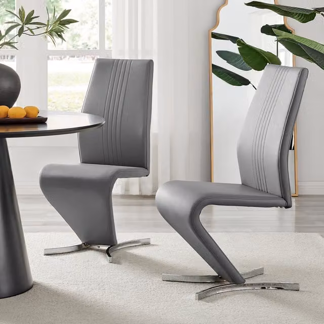 FurnitureboxUK Set of 2 Willow Modern Z-Shaped Faux Leather Dining Chairs with Silver Chrome Metal Legs in Grey – 2