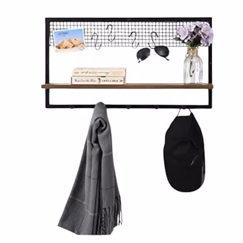 SPOT ON DEALZ Industrial Rustic MDF Wall Mounted Shelf with Black Metal Wire Frame and Hooks, W: 63 cm, H: 35 cm, D: 16.6 cm – 8