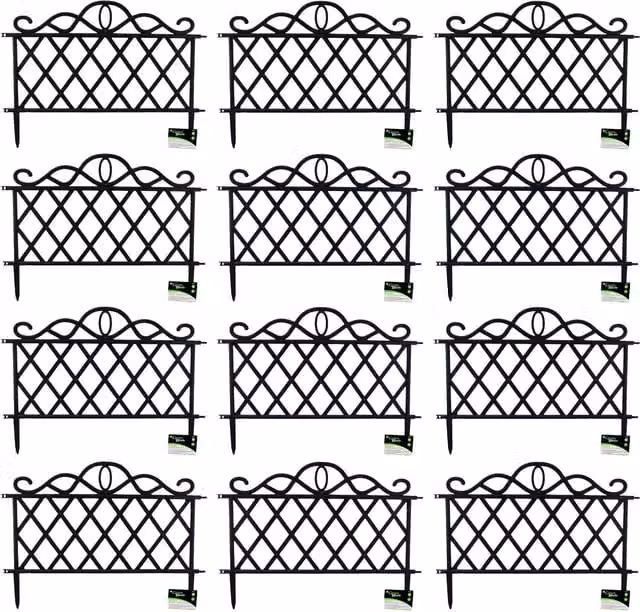 Samuel Alexander Pack of 12 Black Plastic Garden Border Fence Edging with Lattice Design, H: 27 cm x W: 47 cm