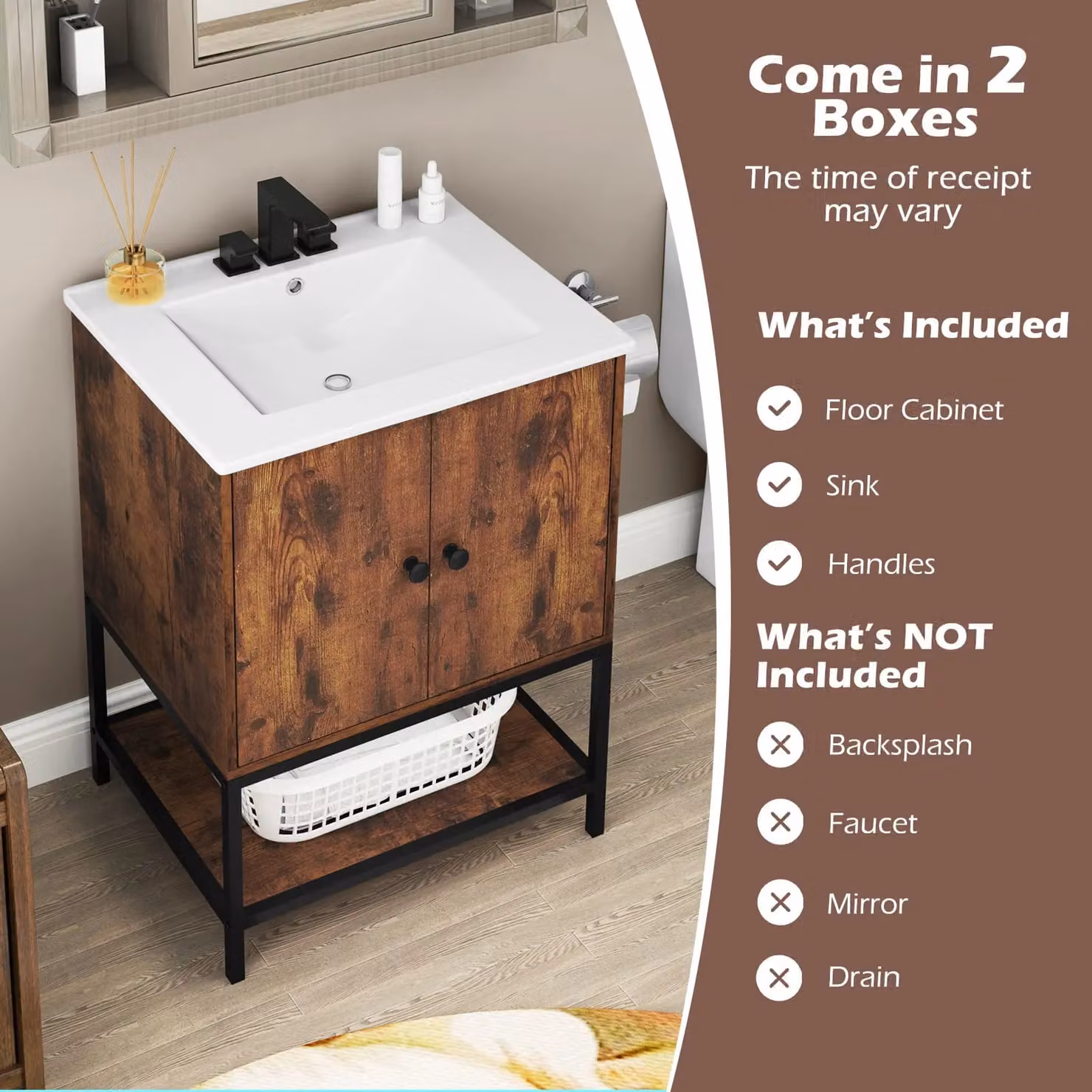 Costway Brown Under Sink Bathroom Vanity Unit with Soft Close Hinged Doors and Open Shelf – 2