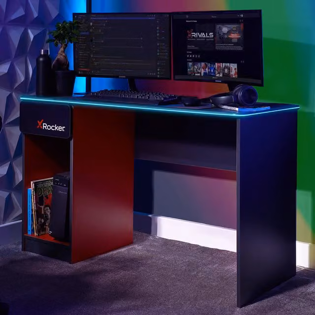 X Rocker Carbon-Tek RGB LED Gaming Desk in Grey and Red, W: 120 cm, D: 53.5 cm, H: 75.5 cm
