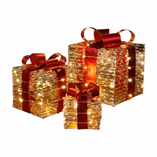 The Christmas Workshop Light-Up Gold and Red Gift Box Set of 3 with Warm White LED Lights and Timer Function, Battery Powered, W/D/H: 22 x 20 x 20 cm