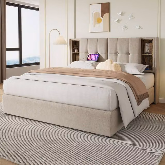 Merax Upholstered Super King Bed Frame in Beige with Wireless Charging and Hydraulic Storage, W/D/H: 200 x 160.5 x 190 cm – 1