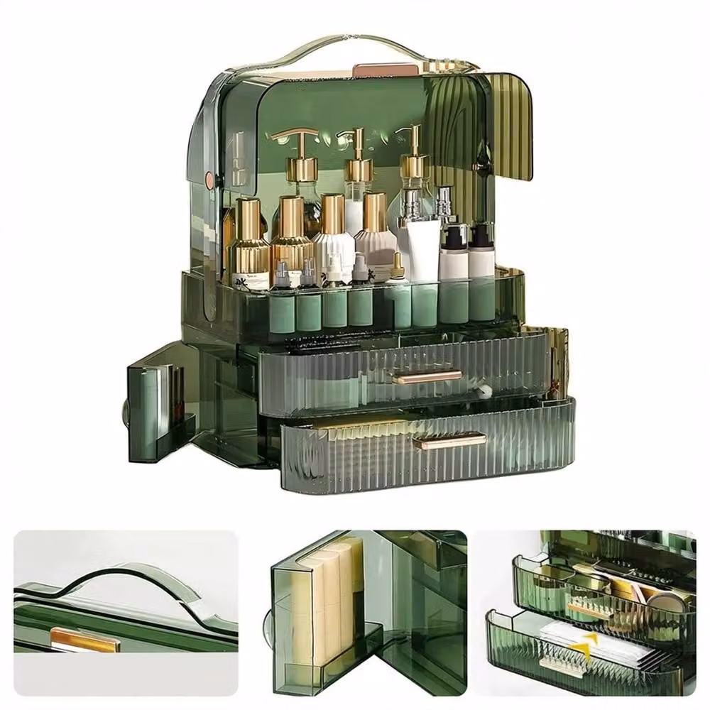 VOGREX Green Transparent Large Dustproof Makeup Organiser with Drawers, W: 34.7 cm, D: 18.2 cm, H: 26.5 cm – 4