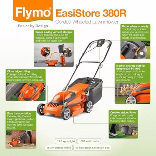 Flymo Electric Mains Lawn Mower in Orange and Grey with 38cm Cutting Width and Collection Bag – 2