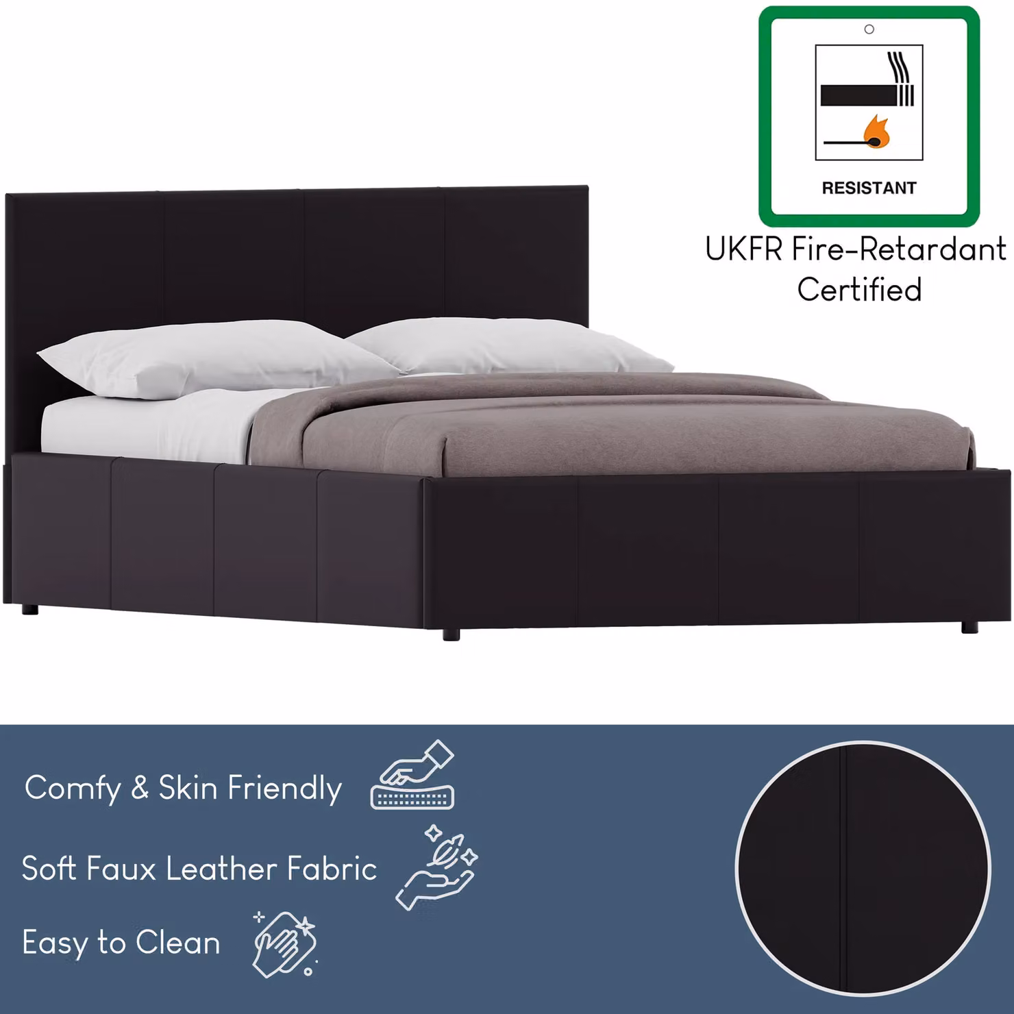 Vida Designs Lisbon Double Ottoman Bed Frame in Black Faux Leather and Fabric, W/D/H: 140 x 200 cm – 4