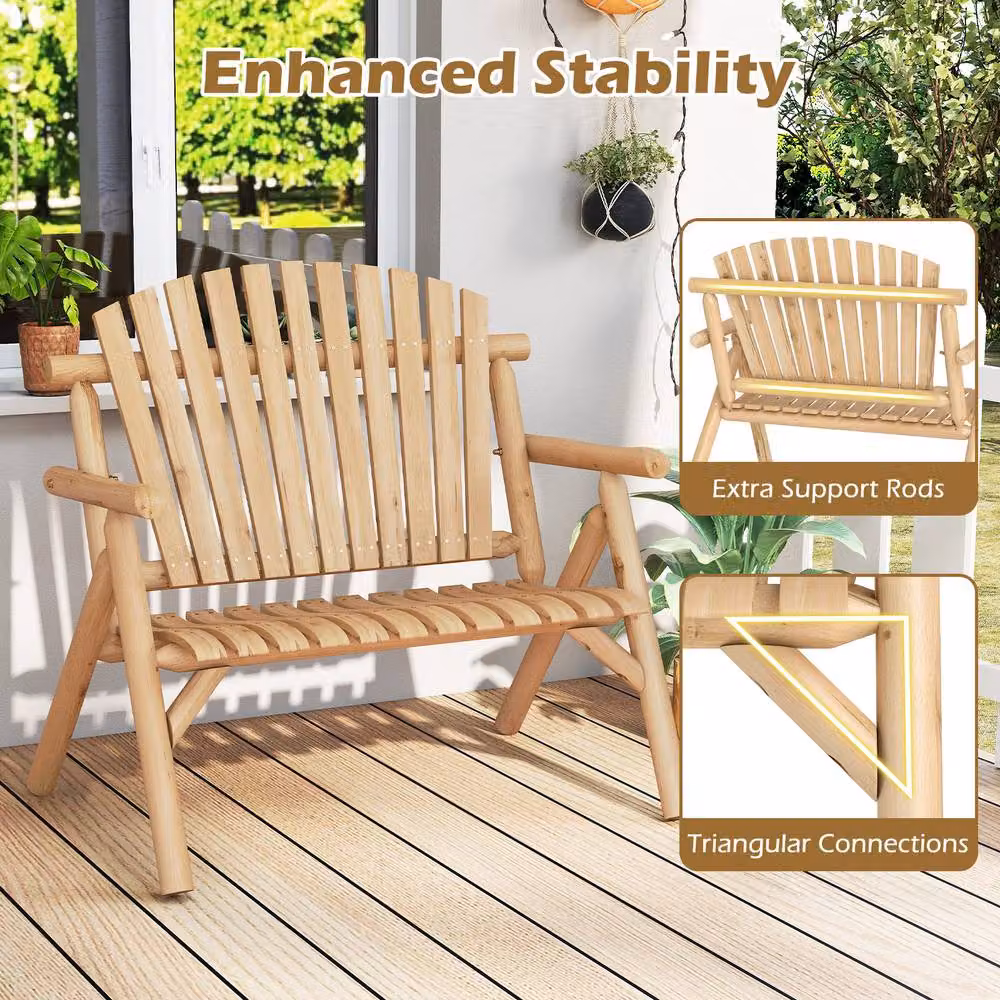Costway Wooden 2-Seater Patio Loveseat Lounge Chair with Backrest in Natural Brown – 4