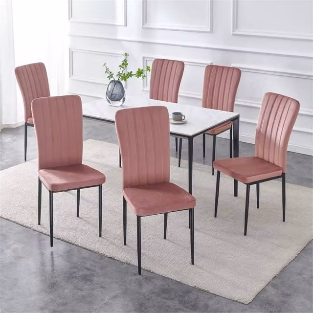 FORGEVIO Set of 6 Modern Dining Chairs with Pink Velvet Upholstered Seats and Black Metal Frame – 1