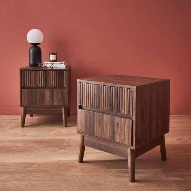 sweeek Pair of Grooved Bedside Tables in Dark Brown Wood Effect