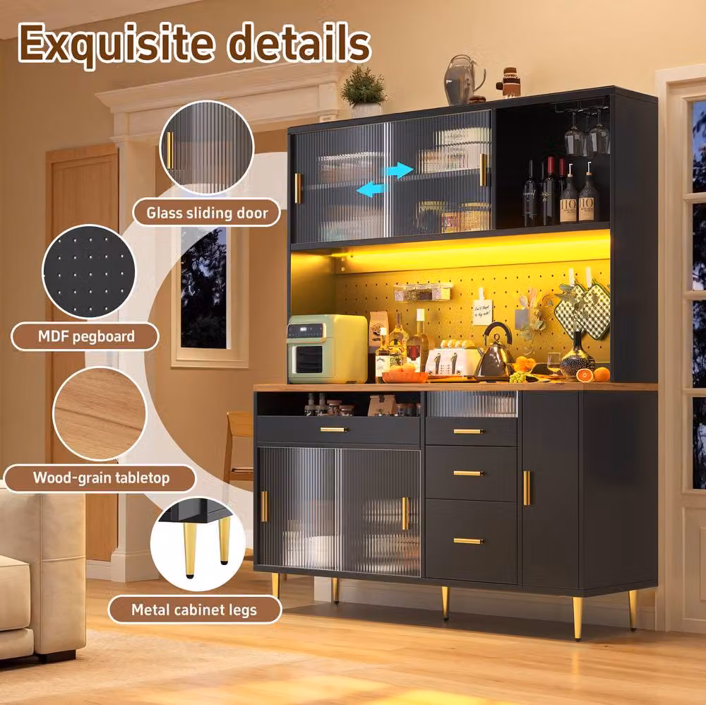STILVORA Modern Tall Cabinet in Black with Integrated LED Lighting and Sliding Glass Doors – 7