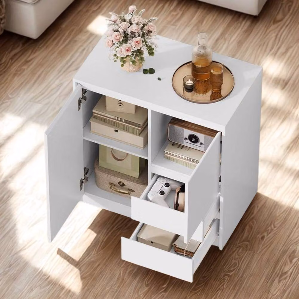 Pirlo Plush Modern White Sideboard Buffet Cabinet with Drawers and Media Compartments – 4