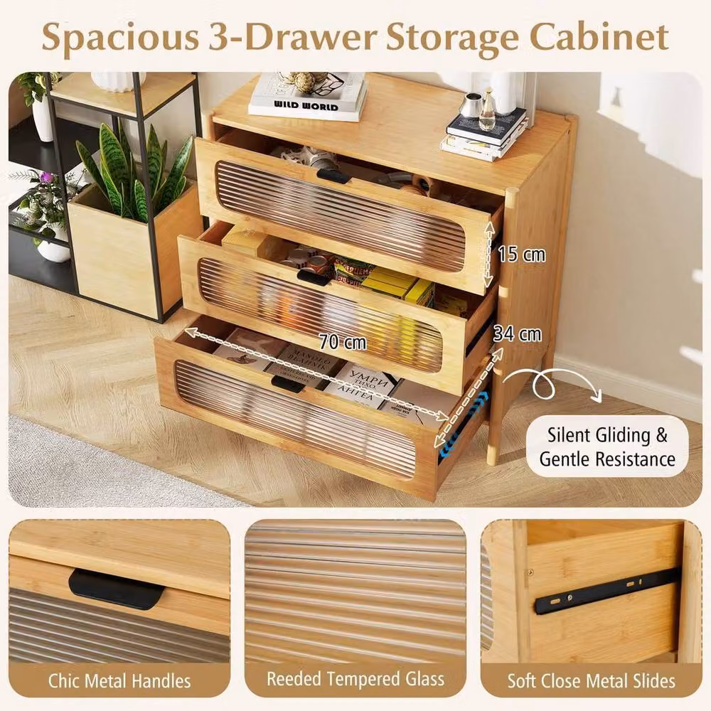 KORVIXA Mid Century Modern Bamboo Chest of Drawers in Sand and Brown, W: 100 cm, H: 79 cm – 3