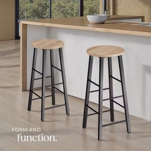 tectake Set of 2 Modern Minimalist Bar Stools with Industrial Steel Frames and Light Wood Seats in Black and Brown – 2