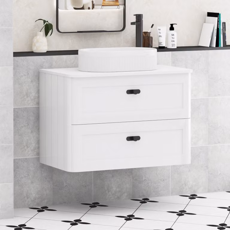 Royal Bathrooms Henley 800mm Gloss White Wall Hung 2 Drawer Vanity Unit with Lyon Basin and Matt Black Knob