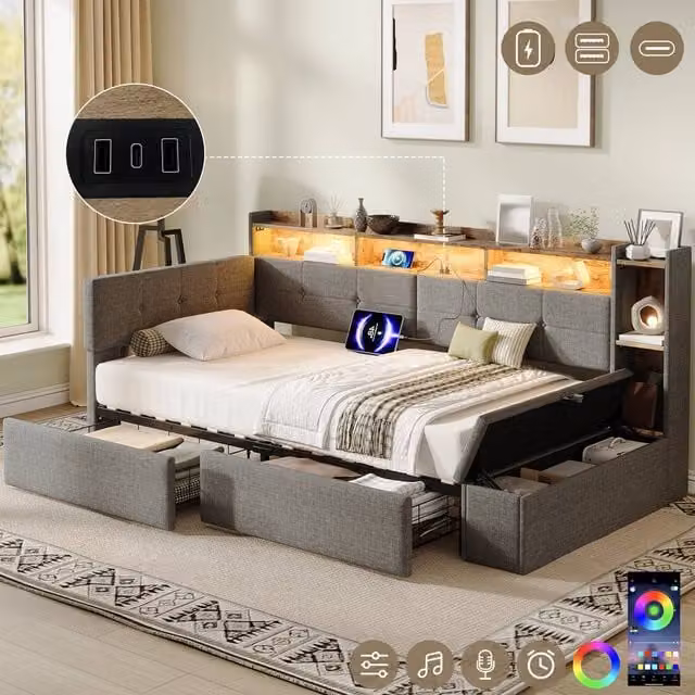 BTM Single Linen Daybed with LED Under-bed Lighting, USB Charging Port and Ottoman Storage in Grey, W/D/H: 90 x 190 cm – 1