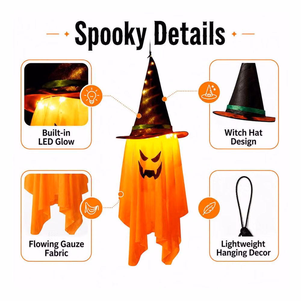 Lovii LED Light Up Hanging Ghost with Witch Hat for Halloween Parties, Orange – 2