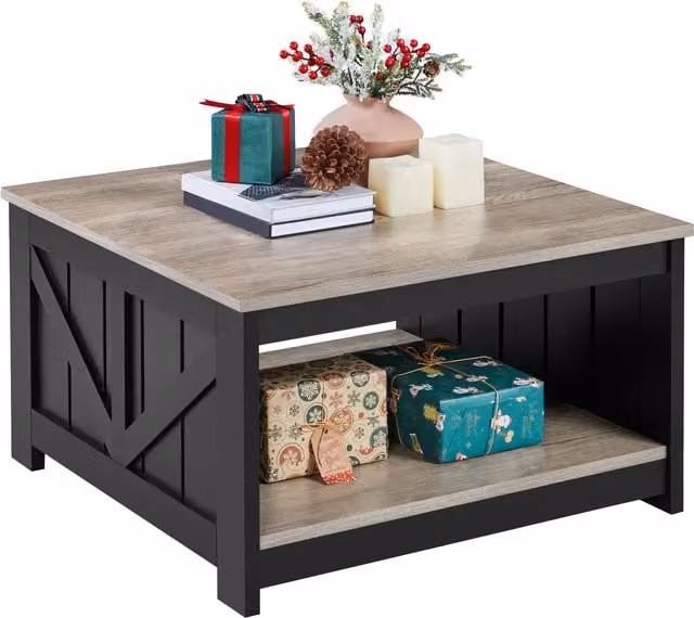 Yaheetech Square Wood Coffee Table with Storage in Grey and Brown
