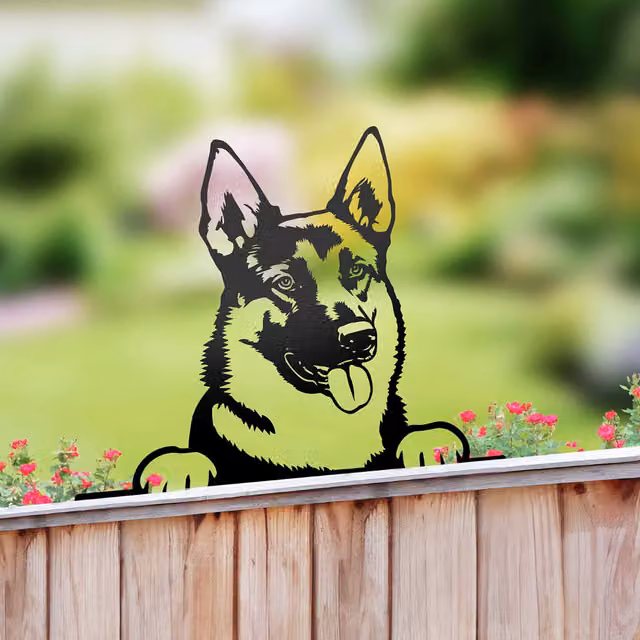 Betley Butterfly Peeking Dog Silhouette Fence Topper, German Shepherd, Black