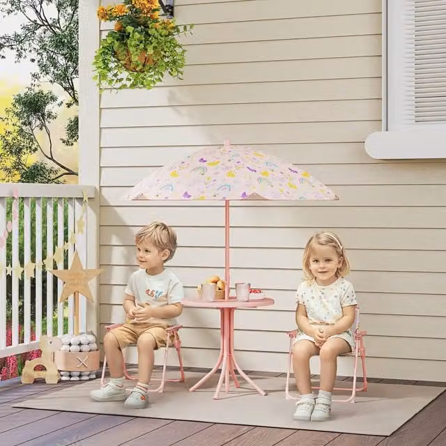 AIYAPLAY Kids Garden Table and Chair Set with Parasol in Pink – 1