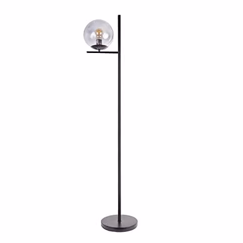 MiniSun Industrial Style Black Metal Floor Lamp with Grey Glass Sphere Shade H: 140 cm, W: 33 cm, D: 33 cm