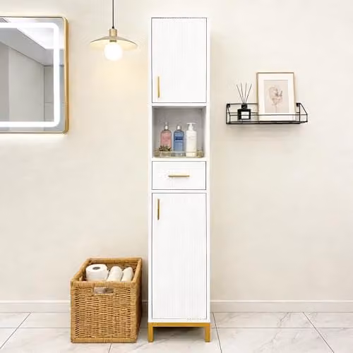Hygrad Built to Survive Slim White Bathroom Tall Storage Cabinet with Doors and Internal Drawers, W/D/H: 30 x 30 x 170 cm