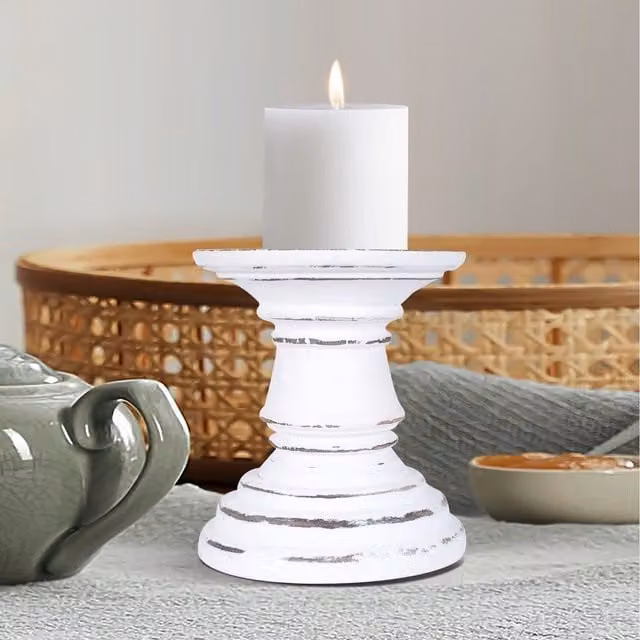 Topfurnishing Rustic Antique Carved Wooden Pillar Candle Holder, White, Height: 10 cm