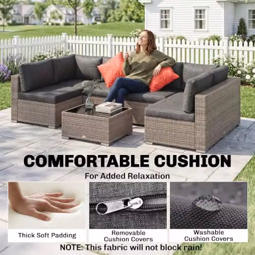 Outsunny 4 Piece L-Shape Rattan Corner Sofa Set with Coffee Table and Cushions, Grey – 5