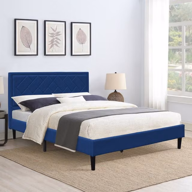 Comfy Living Upholstered Fabric Bed Frame with Padded Headboard in Grey and Blue, W/D/H: 140 x 200 cm