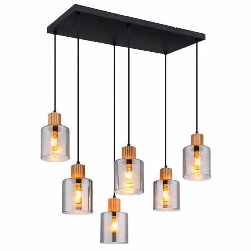 Netlighting Aleidis Rectangular Pendant Lamp with Smoked Glass and Wood, 6-Bulb, W/D/H: 67 x 33 x 120 cm – 1
