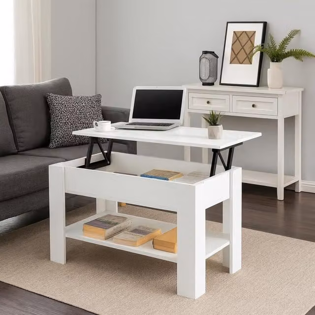 Home Treats White Wooden Lifting Coffee Table with Space Saving Storage Shelf