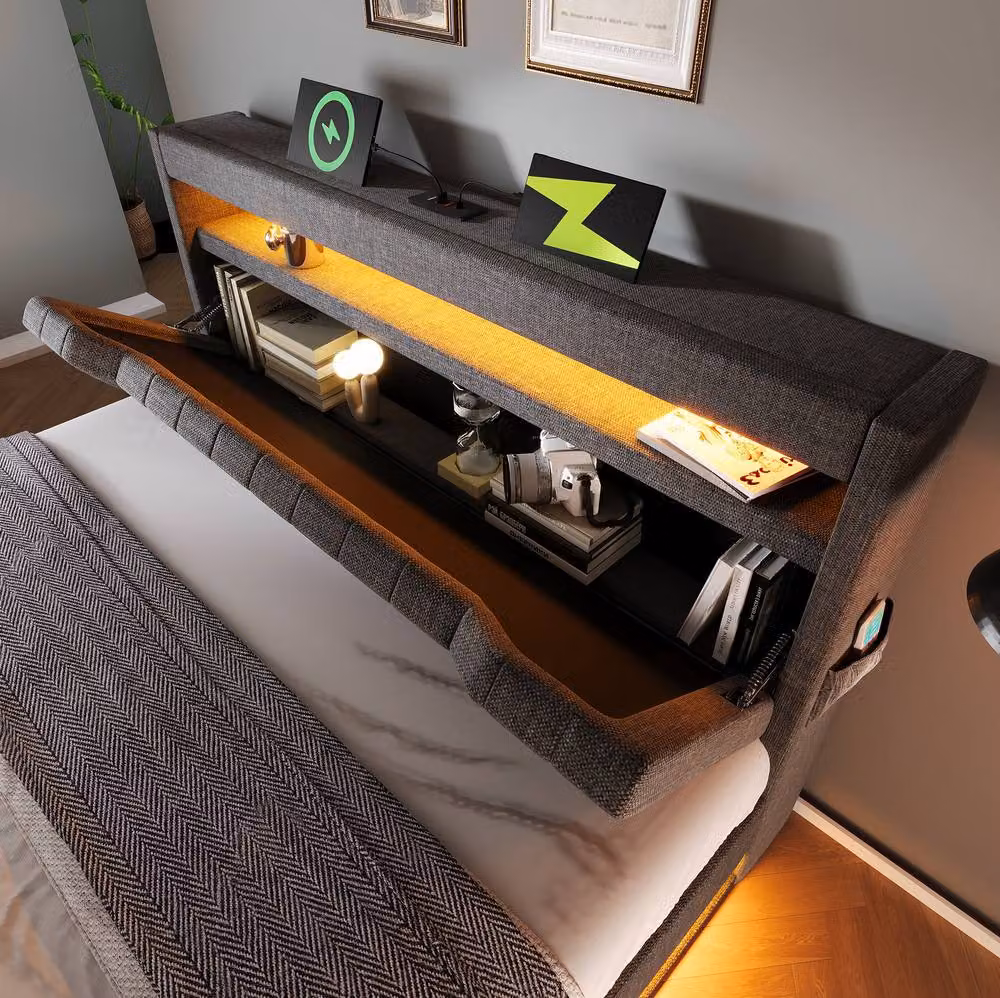 STILVORA King Size Bed Frame in Grey with LED Lighting, USB Charging Ports, Bedside Shelves and Lift-Up Storage W/D/H: 150 x 200 x 30 cm – 8