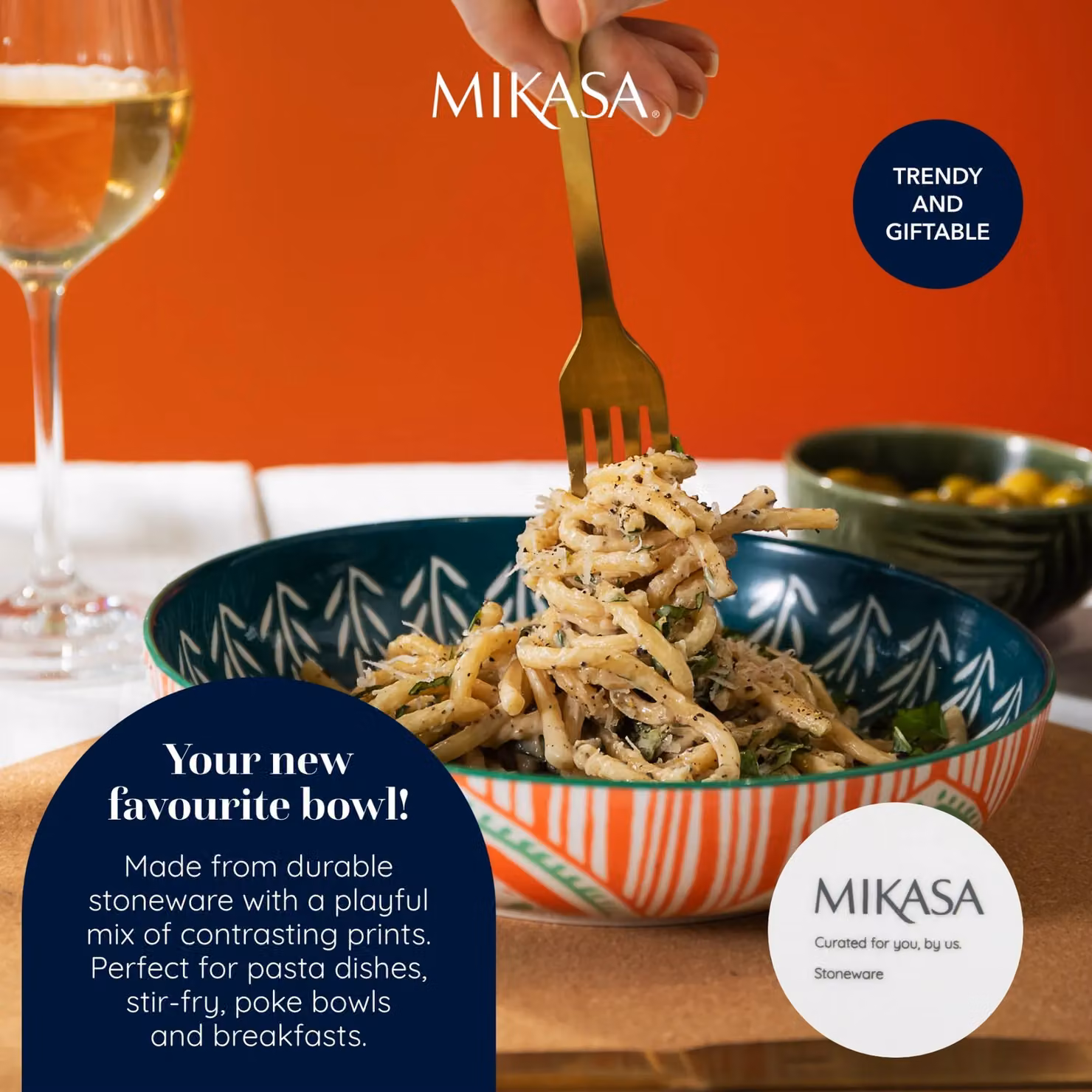 Mikasa Mixed Folk Multicolour Glazed Stoneware Coupe Pasta Bowl, 21 cm – 7