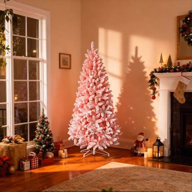 Shatchi Pink Flocked Christmas Tree with Snow Effect Branch Tips – 1
