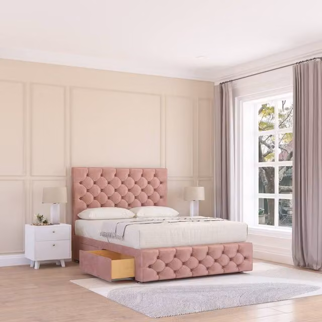 Sloomy Watson Super King Divan Bed Base and Chesterfield Headboard in Pink Velvet