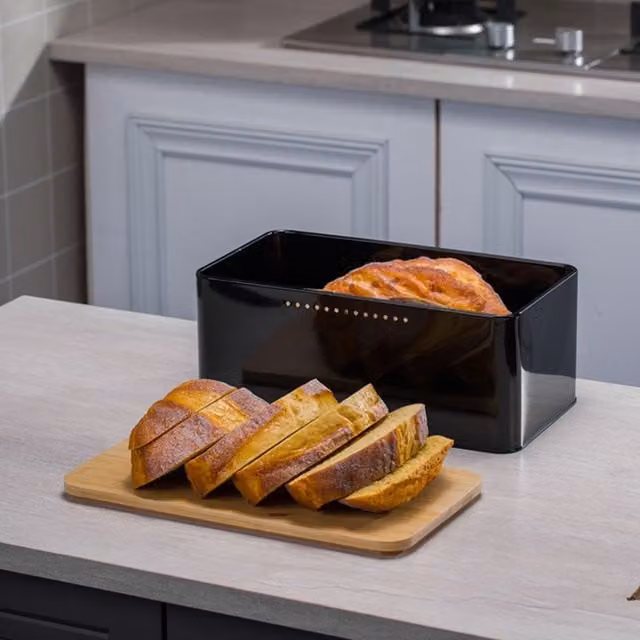Living and Home Metal Bread Box in Black with Reversible Bamboo Lid and Ventilation