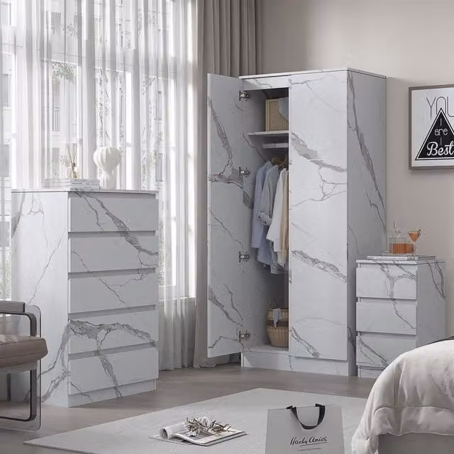 ZITA 3 Piece Bedroom Furniture Set in White Marble Effect featuring 2 Door Wardrobe, Tall Chest and 3 Drawer Bedside Table