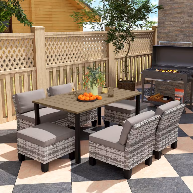 Outsunny 7-Piece Rattan Garden Dining Set in Grey with 6 Seater Wicker Furniture, Slatted Metal Top Table and Seat and Back Cushions