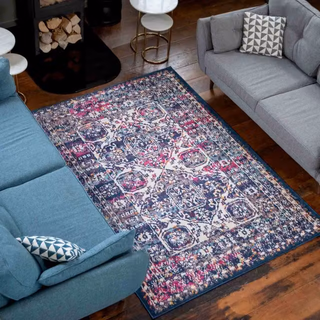 The Rug House Multicolour Navy Blue and Pink Traditional Medallion Bordered Living Area Rug, W: 290 cm, D: 200 cm