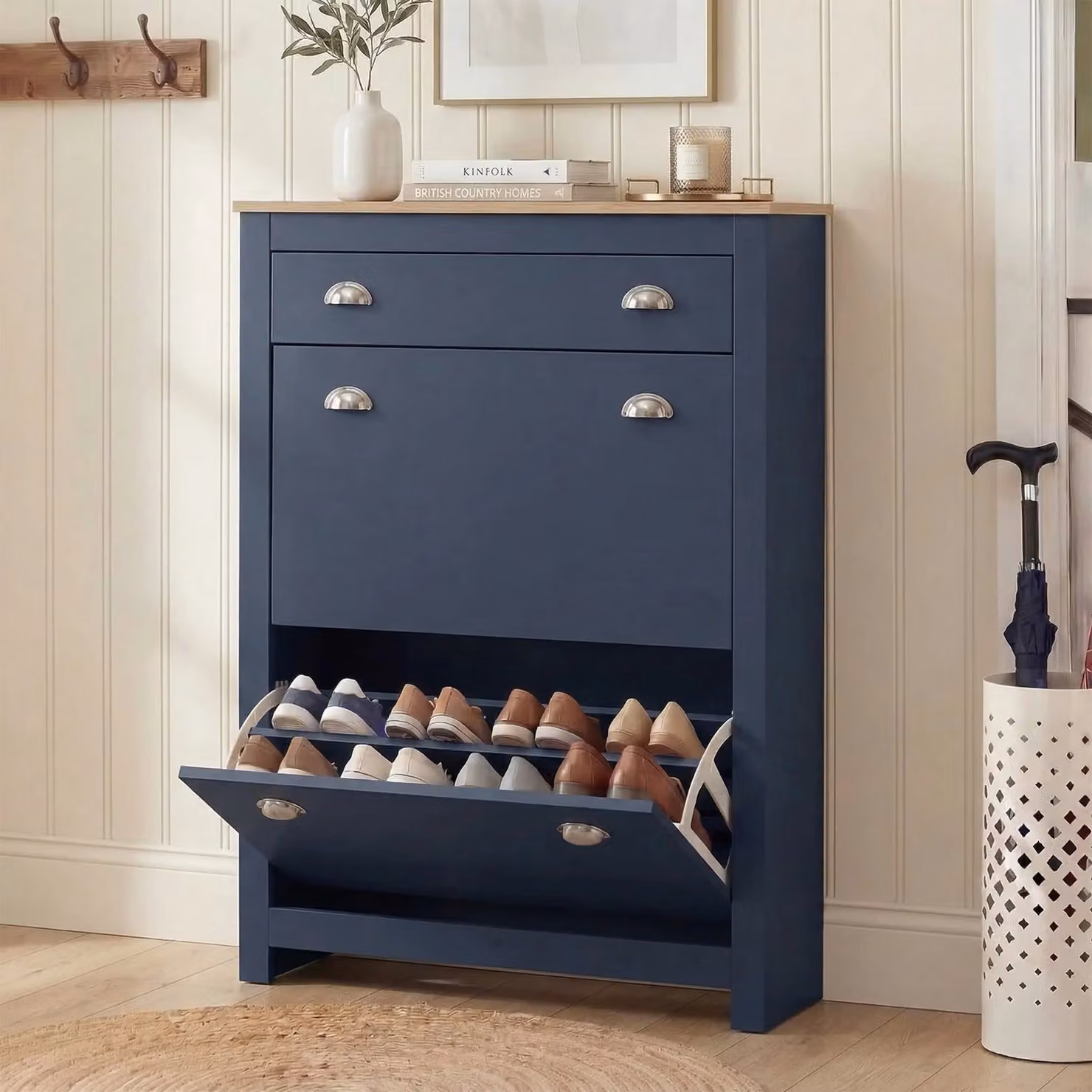 Modern Blue Slim Shoe Cabinet with Two Doors and Internal Drawers