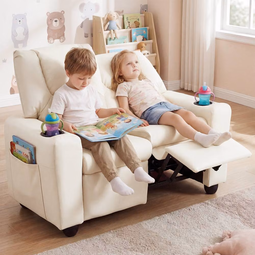 CASART 2-Seater Kids Recliner Double Toddler Sofa Chair with 2 Cup Holders, Beige Synthetic Leather – 3