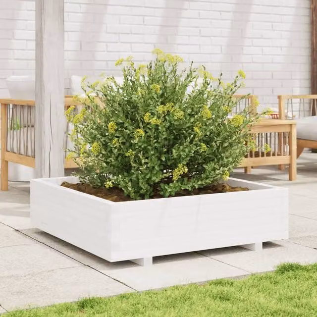 Berkfield Home Decorative Garden Planter Tub, White, Solid Wood, W: 90 cm, D: 90 cm, H: 26.5 cm – 1