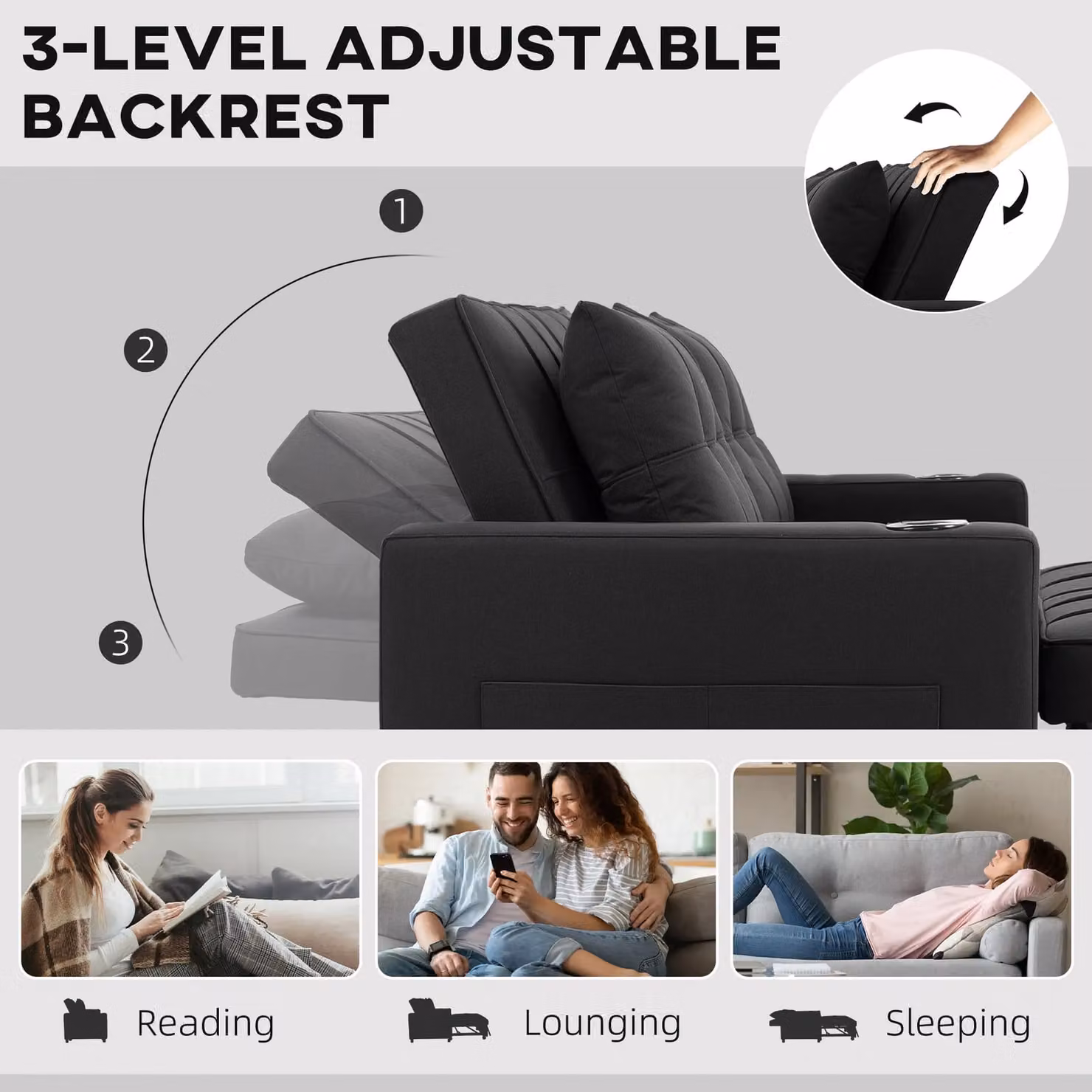 HOMCOM 2 Seater Pull Out Sofa Bed in Black with Fabric Upholstery and Foam Mattress – 5